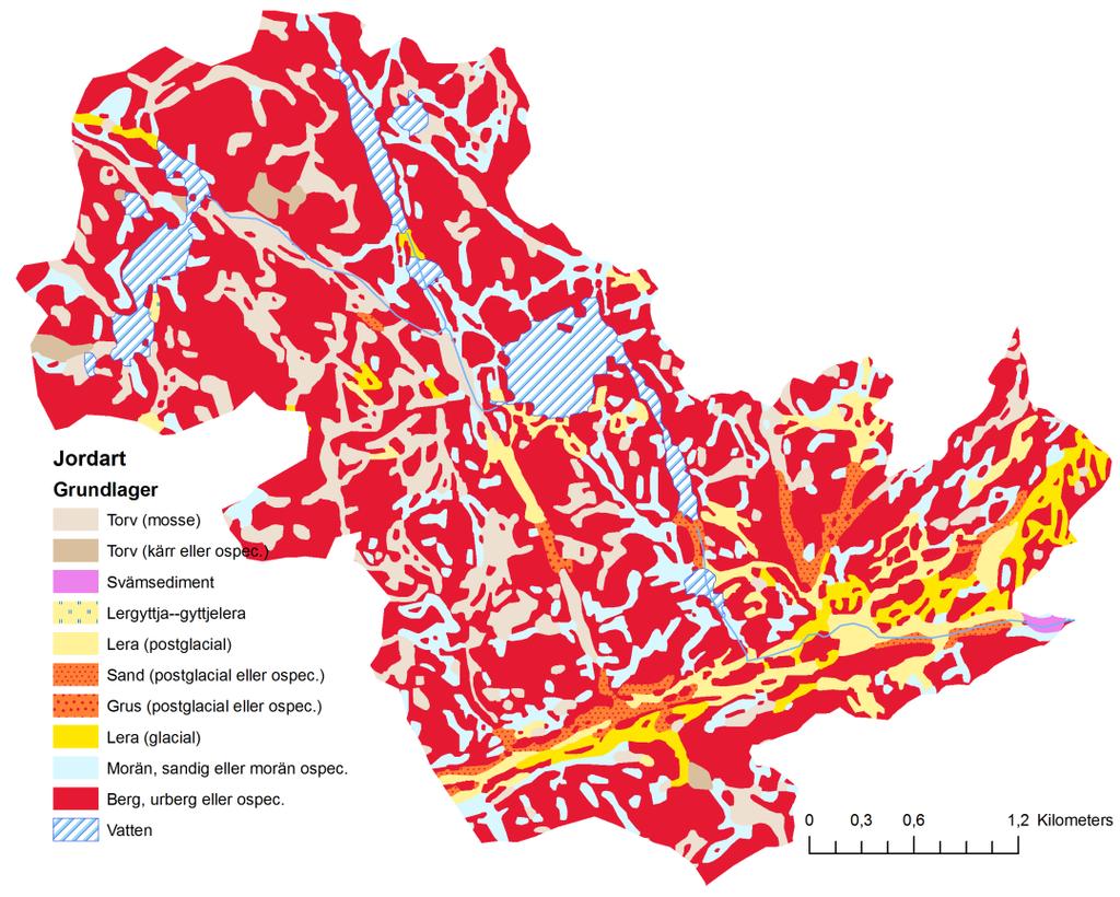 Karta 2. Jordarter inom Åvaåns avrinningsområde. SGU:s jordartskarta. Tabell 1. Markanvändning och jordarter inom Åvaåns avrinningsområde.