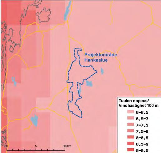 Figur 3 3 Vindhastighet (m/s) på årsnivå på Ömossaområdet i Kristinestad på 100 meters höjd (Finlands Vindatlas, Meteorologiska institutet 2009).