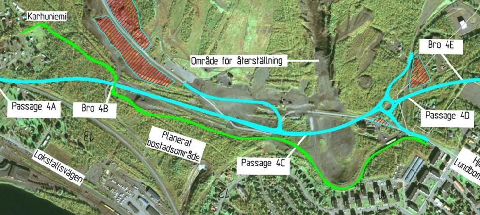 Figur 1. Den gröna linjen visar planerad sträckning av GC-väg Karhuniemi. Den röda ringen visar läget för bro 4B över E10 Nr.