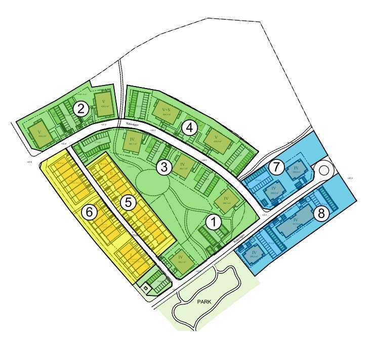 Bebyggelsen avser radhus i en och två plan samt flerbostadshus i fyra och fem plan.