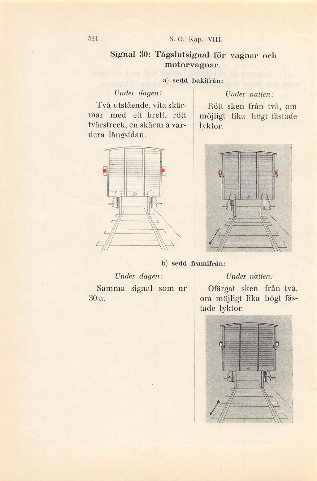 524 S. O. Kap. VIII. Signal 30: Tågslutsignal för vagnar och motorvagnar. Två utstående, vita skärmar med ett brett, rött tvärstreck, en skärm å var dera långsidan.