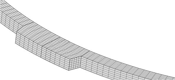 3.2. Elementindelning Solidkroppen som representerar cylinderväggen och kontreforerna är indelad i hexaeder-element, se Figur 16. Figur 16 Elementindelning för den använda ringmodellen.