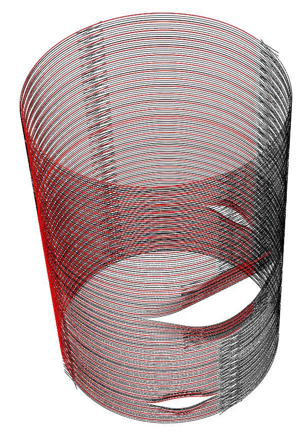 Figur 50 Illustration av overksamma kablar (röd färg) för fallet då var fjärde horisontell spännkabel är overksam.