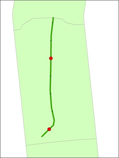 Figur 4. Exempel på provytepunkter längs patrullstigar (små, svarta punkter), där ett mindre antal har valts ut genom slumpning för att besökas vid fältinventeringen (större, röda punkter).