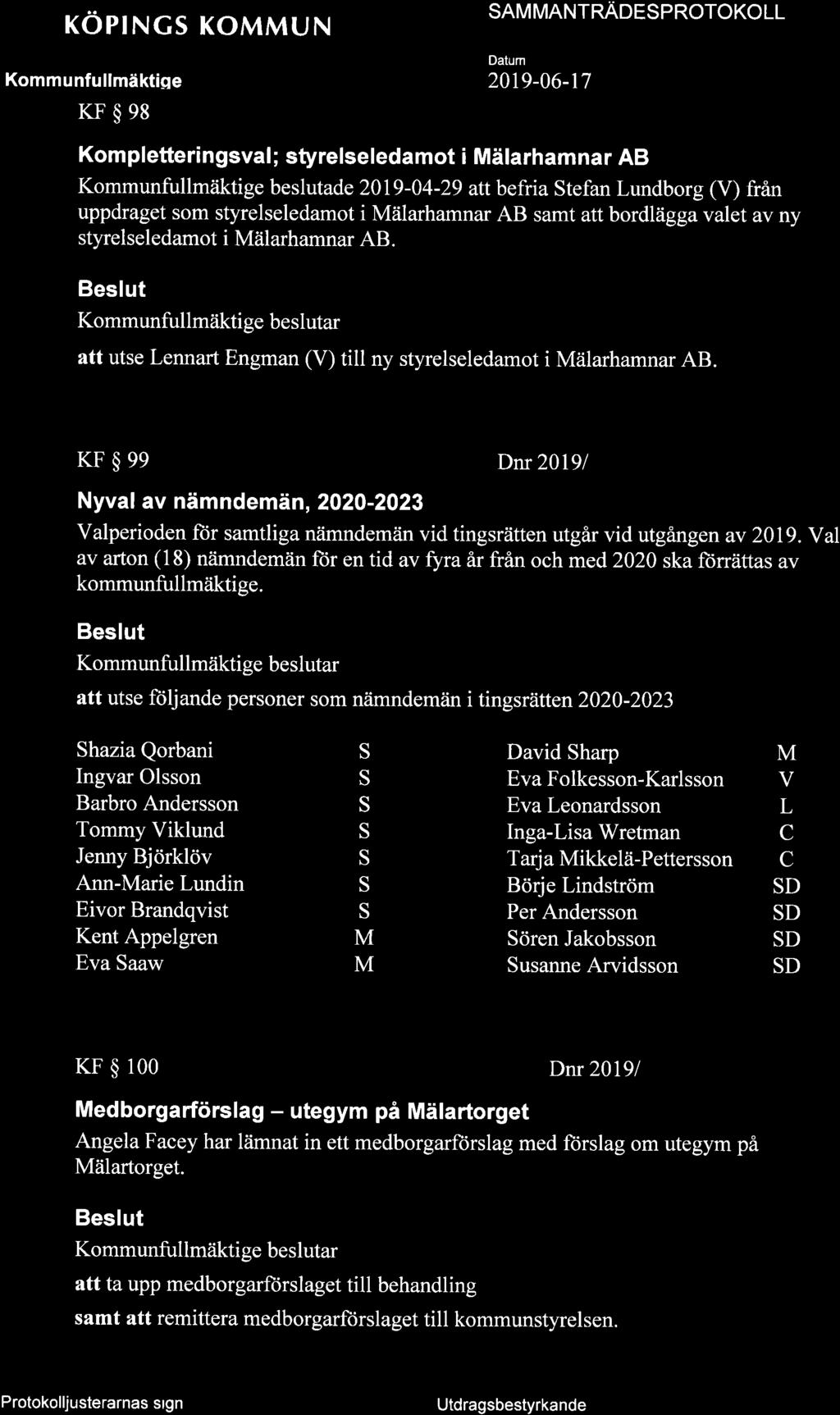 + KOPINCS KOMMUN KF$e8 SAM MANTNAOTSPROTOKO LL Kom pletteri n gsval ; styrelseledamot i Mälarham na r AB Kommunfullmäktige beslutade 2019-04-29 att befria Stefan Lundborg (V) från uppdraget som