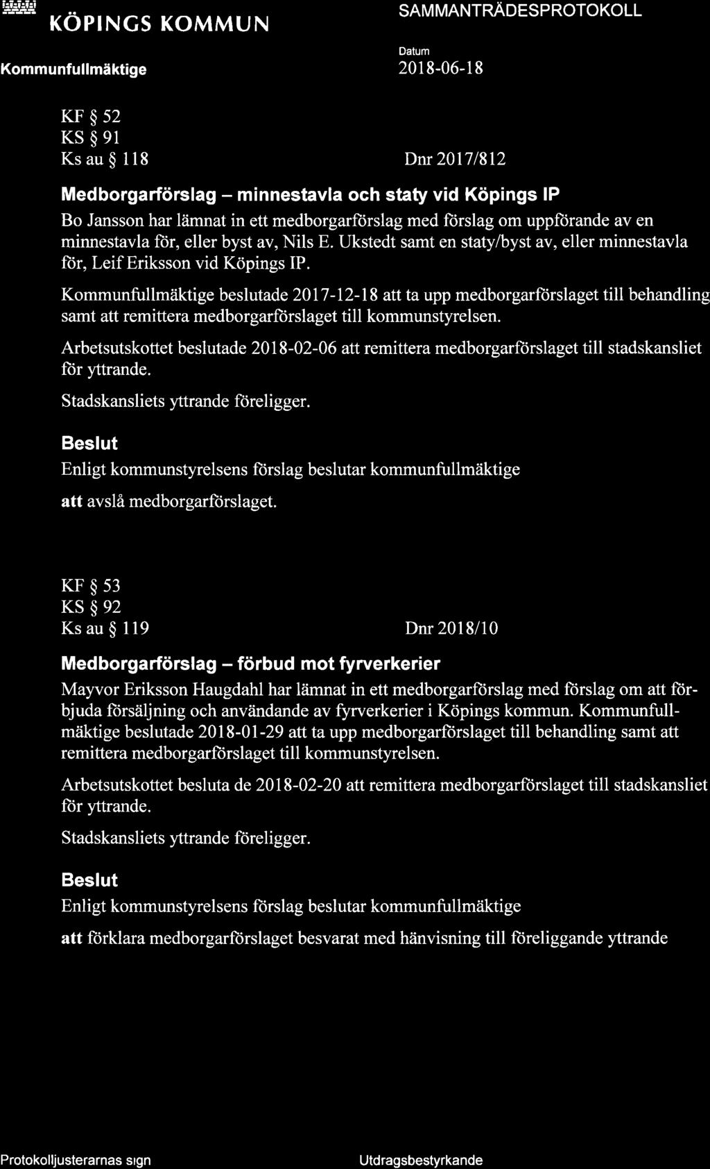 is Siej W KÖPINGS KOMMUN Kommunfullmäktige SAM MANTNROCSPNOTOKOLL 201 8-06-1 I KF$s2 KS$el Ksau$ 118 Dnr 20171812 Medborgarförslag - minnestavla och staty vid Köpings lp Bo Jansson har lämnat in ett