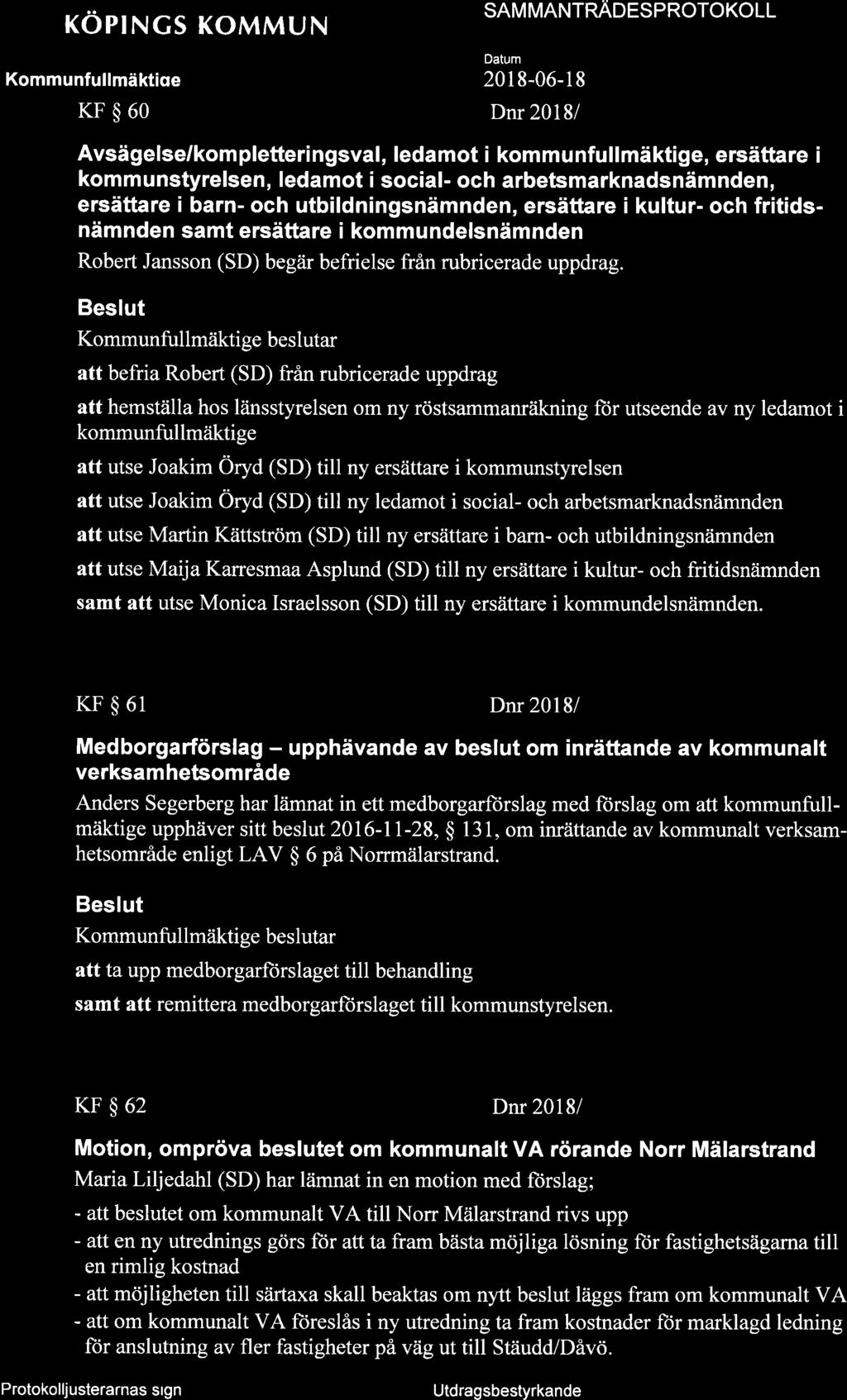 KOPINGS KOMMUN SAM MANTNÄOESPROTOKOLL Kommunfullmäktiae 201 8-06-1 8 KF$60 Dnr 2018/ Avsägelse/kom pletteringsval, ledamot i kom m u nfu I I mäkti ge, ersättare i kommunstyrelsen, ledamot i social-