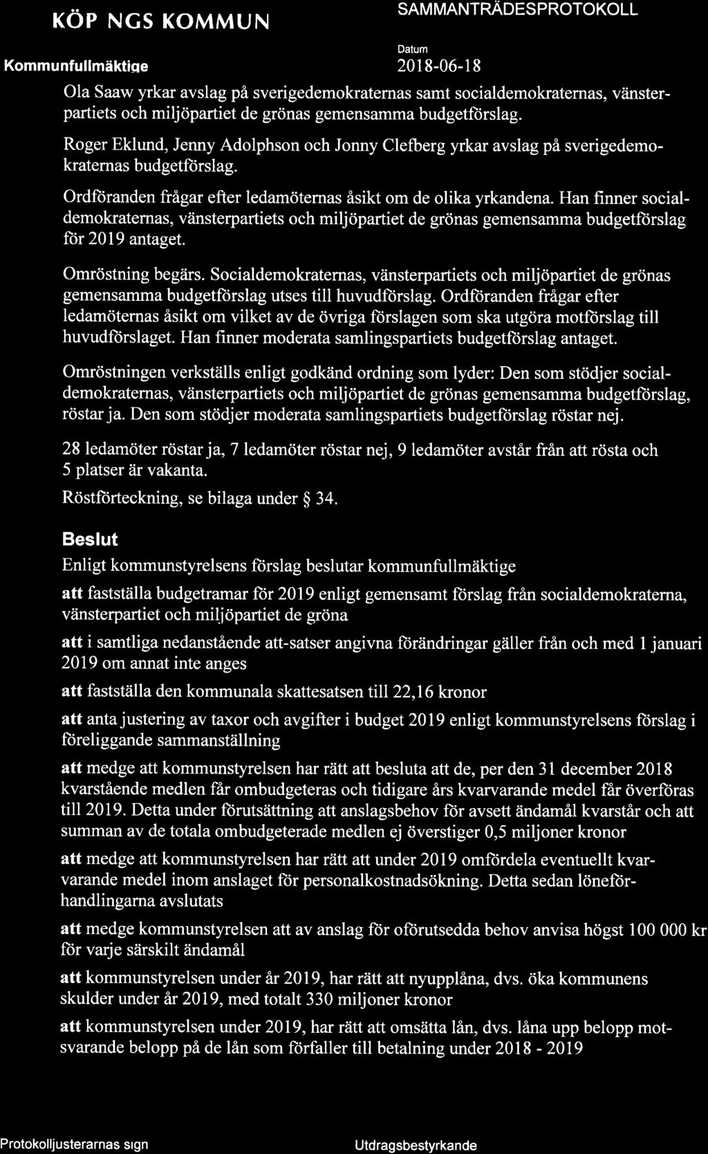 + KOPINGS KOMMUN SAM MANTNAOTS PROTOKOLL 201 8-06-1 8 Ola Saaw yrkar avslag på sverigedemokraternas samt socialdemokraternas, våinsterpartiets och miljöpartiet de grönas gemensamma budgetftirslag.