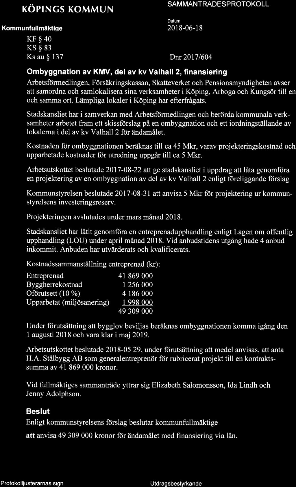 KÖPINGS KOMMUN SAMMANTNAOTS P NOTOKOLL 201 8-06-1 I KF$40 KS$83 Ks au $ 137 Dnr 20171604 Ombyggnation av KMV, del av kv Valhall 2, finansiering Arbetsftirmedlingen, Försäkringskassan, Skatteverket