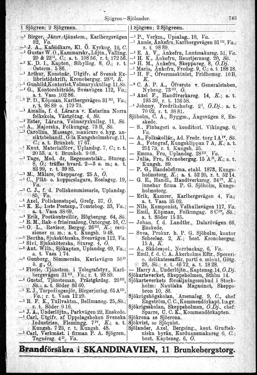 Sjögren-e-Sjölander. 143 t.,1 Sjögren; 2 Sjögree,n. -- ~ögren; 2 Sjögreen. l',. ", I I --r,1 Birger, Järnv.-tjänlltem,., Karlbergsvägen _1 P., Verkm., Upsalag.. 18, Va. 82, Va:" '.