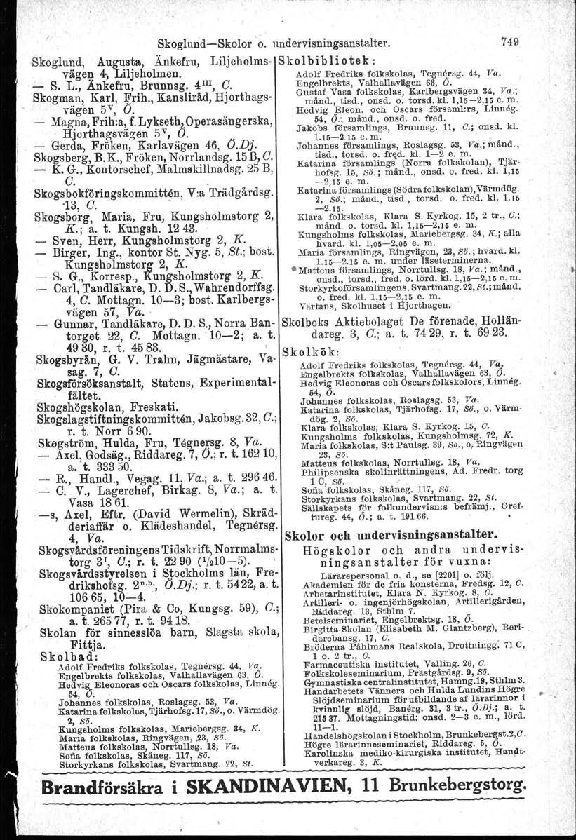 Skoglund-Skolor '0. undervisningsanstalter. Skoglund, Augusta, Änkefru, Liljeholms- Skolbibliotek: väge~ 4; Liljeholmen. Adolf Fredriks folkskolas, Tegn~rsg. 44, Va. _ S. L., Änkefru, Brunnsg.