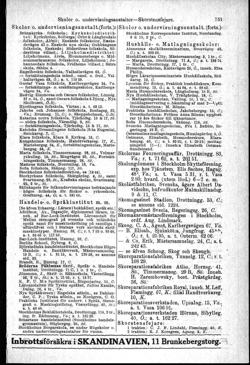 "- I. ' Skolor o. undervisningsanstalter:-skorstensfejare~ 751',r S k:qlor),q. eu/ndervi Sj}1,iln,gsan stal t.(forts.): Sk ~l or o. u n derz is-n i n gsan stalt. (forts.): 1,.Brännkyrka, i folkskola».
