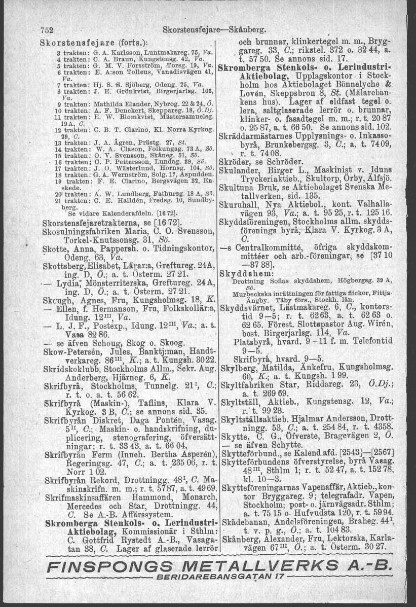 752 Skorstenafejere-e-Skänberg. Skorstensfej are (forts.):' och brunnar, klinkertegel m. m., Bryg- 3 trakten: G. A. Karlsson, Luntmakareg. 76, Va. gareg. 33, C.; rikstel, 372 o. 3244, a. 4 trakten: C.