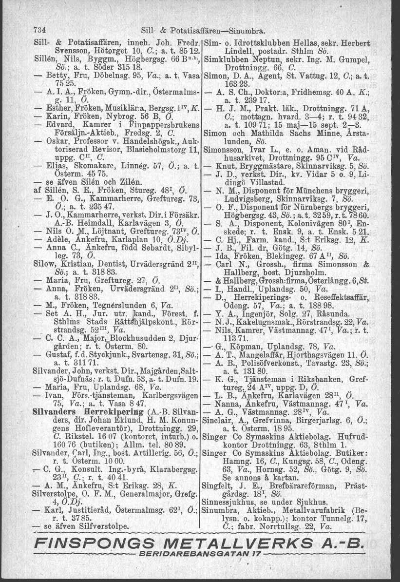 734 Sill- & Potatisaffären-Sinumbra. Sill- & Potatisaffären, inneh.' Joh. Fredr. Sim- o. Idrottsklubben Hellas, sekr. Herbert Srensson, Hötorget 10, C.; a. t. 8512. Lindell, postadr. Sthlm Bä ".