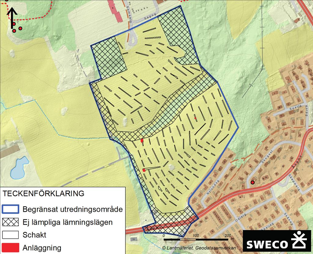 125 sökschakt, mellan ca 6 och 55 meter långa, upptogs med grävmaskin, figur 3.