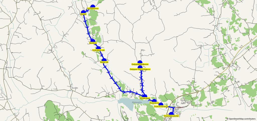 2018-01-25 10:49:16 Karta för Tur 3200 M - F 3200 7.20 7.55 BUSS 32 - Groddammen - Åloppe - Björktorp - Gottvallens vsk - Resta vsk - Nysätrvägen - Oxdjupet/Skjutbanan - Oxdjupet -Odon/Hagtorsv 7.