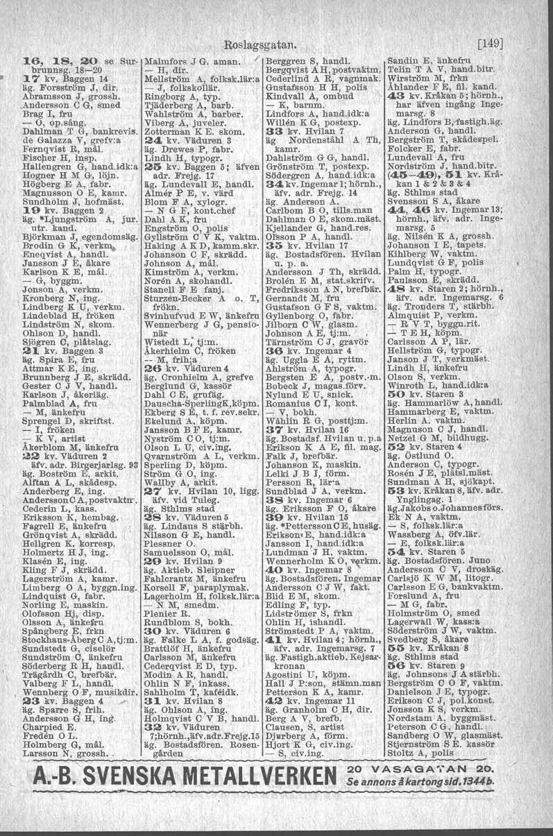 , \ 16, 18, 20 se Surbrunnsg. 18-'20 - H, dir. Bergqvtst AH,postva1:tm, Telin T A V, hand.bitr. Malmfors J G. aman. / Berggren S, handl. Sandin E, änkefru t 17 kv, Baggen 14 Mellström A, folksk.