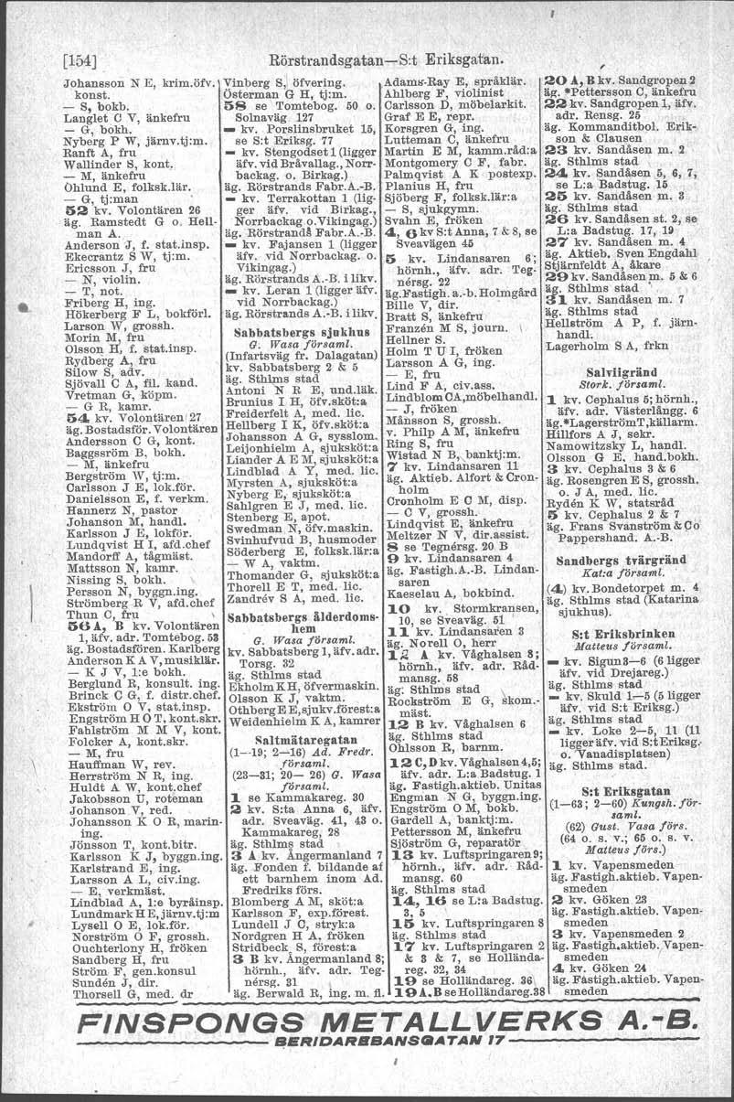 \ [154] Johansson N E, konst. - S, bokb. Langler C Vl änkefru - G, bokh. Nyberg P W, järnv.tj:m. Ranft A, fru Wallinder S, kont, - M, änkefru Ohlund E, folksk.lär. - G, tj:man. 1S2 kv.