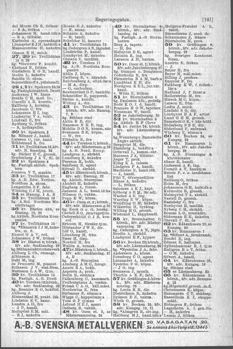 del Monte Ch R, fröken - S A, fröken Johansson H, hand.idk:a - S A, tillskär. Karlsohn A, operasäng:a Lönnqvist KJH, kafoidk:a Manrieratröm H, änkefru Olsson E H, snick. 1.!7, 29 kv.
