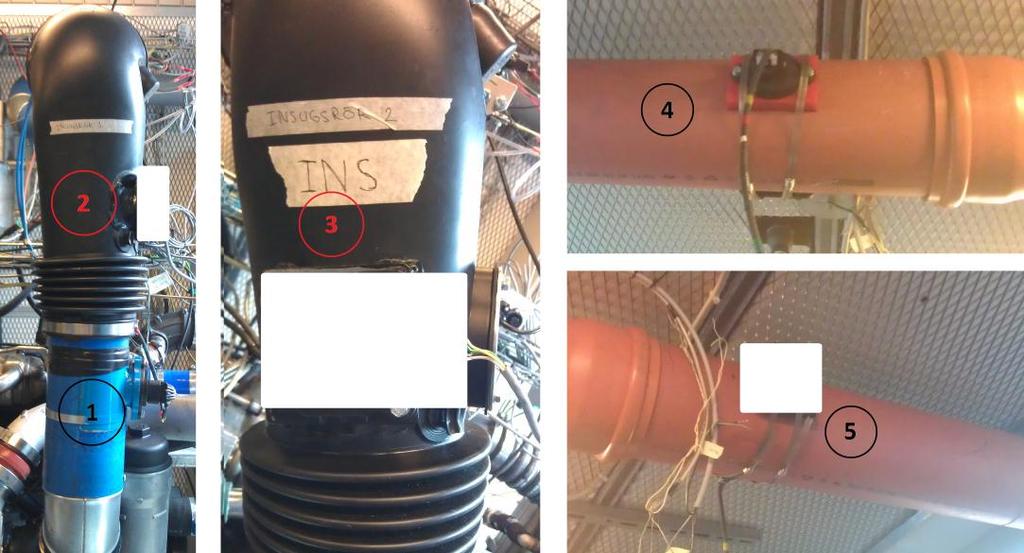 Figure 3.2: Positions for (1), (4), (5), (2), and (3). Figure 3.3: Orifice plate and between first and second EGR-cooler. 3.1.2.2. Flow measurement, orifice plate The theory of flow measurements in tubes with orifice plates is based on the conservation of mass.