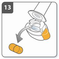 steg 9 och 10. Håll andan: När du har inhalerat läkemedlet: Håll andan i minst 5-10 sekunder eller så länge du kan medan du tar ut inhalatorn ur munnen. Andas sedan ut.