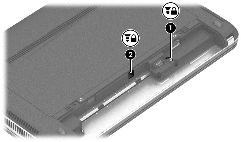 Så här använder du säkerhetsskruven: 1. Ta ut batteriet (se Sätta i eller ta ut batteriet på sidan 32). VIKTIGT: När du tar ut ett batteri som är datorns enda strömkälla kan information gå förlorad.