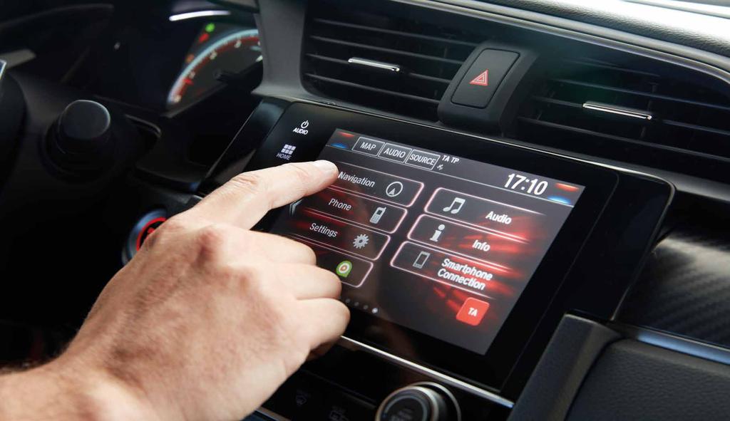 HONDA CONNECT Civic är utrustad med ett 7-tums Honda CONNECT ljud- och informationssystem* med digital DAB-radio och Apple Carplay.
