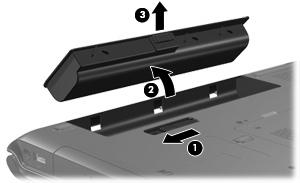 Vänd datorn upp och ner på en plan yta med batteriplatsen mot dig. 2. Sätt batteriet på batteriplatsen (1) och vrid det nedåt tills det sitter ordentligt (2).