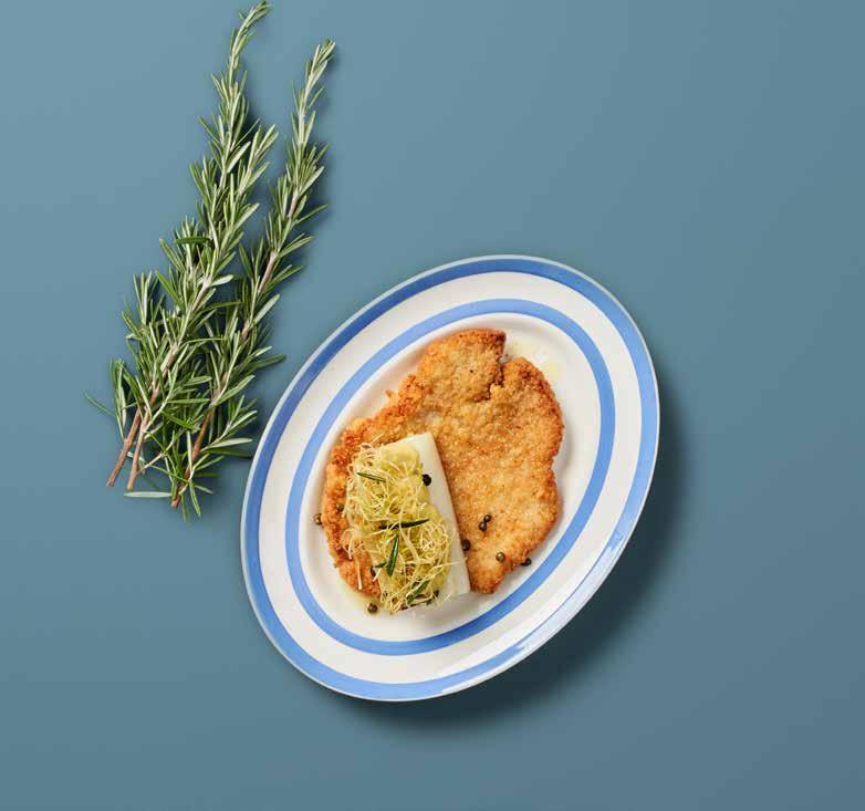 Baka den resterande delen av purjolöken mjuk i ugn på 110 C. 4. Stek schnitzlarna i smör strax innan servering. 5. Servera.