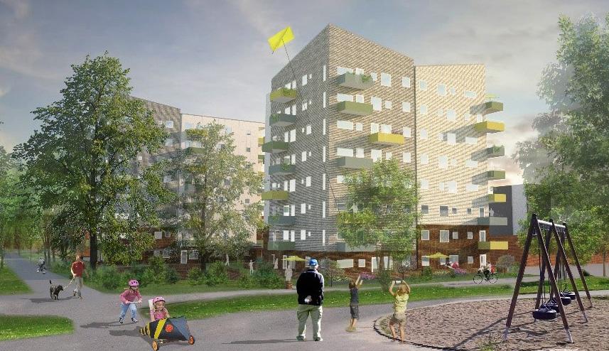 Flerfamiljshus, Kvarteret Bullerbyn, inom stadsdelen Norra Fäladen, Lund. Projektägare är Lunds Kommuns Fastighets AB, LKF.