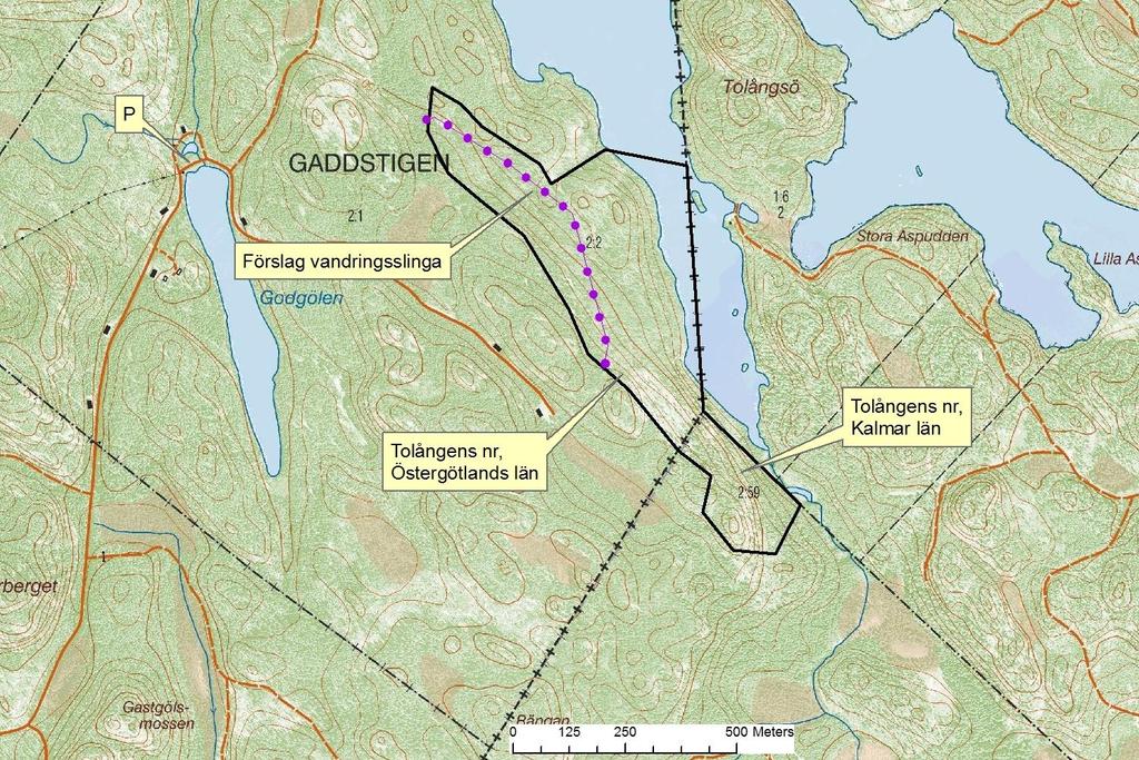Figur 4. Föreslagen p-plats och ev vandringsled. Leden är tänkt att ansluta till reservatet via grannfastigheten efter överenskommelse med markägare. 2.