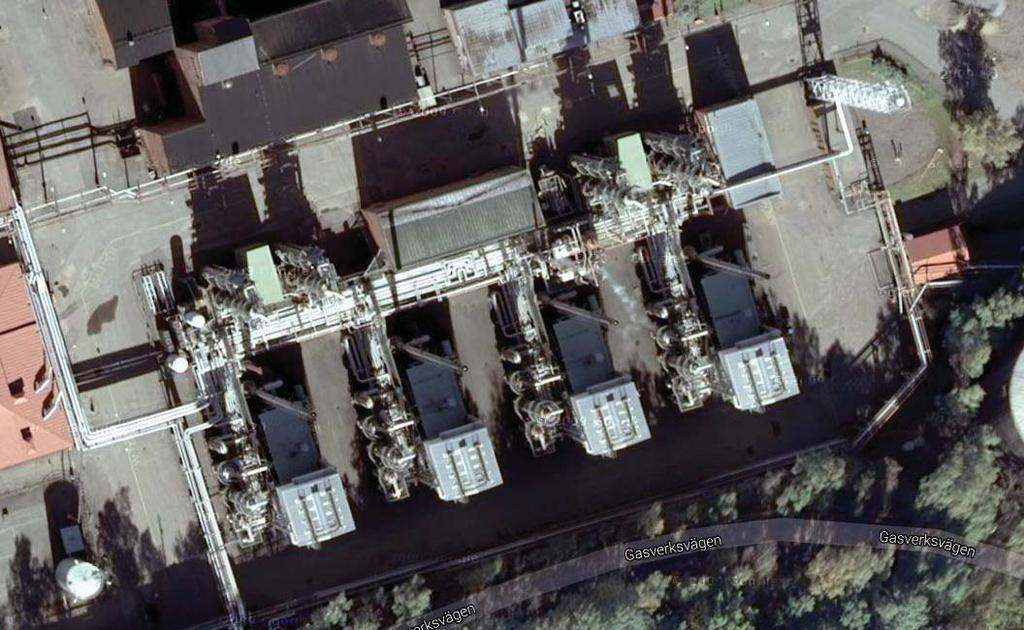 Manöverbyggnad (10) Gaskylare (8) kolsyratvätt (7) Byggnad för vattenbehandling (11) Utsläppstorn för överskottsgas (9) Sk orsten (12) Ångpanna (3) Spaltu tugn (5) Källa: Google
