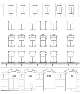Sida 27 (76) Exempel på sockelvåning där skyltfönstret underordnar sig arkitekturen.