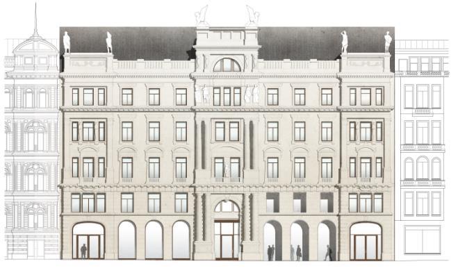 Sida 32 (76) Stureplan 6 (Bångska palatset) Byggnadens gathus bevaras och flygelbyggnader återskapas.