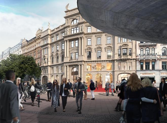 Kungsgatan och omgivande taklandskap. Bångska palatset med rekonstruerad fasad mot Stureplan.