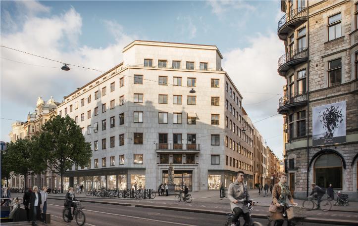Den nya takpåbyggnadens fasad utförs med en något inåtlutad fasad i syfte att minska dess påverkan på stadsbilden.