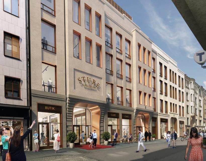 Sida 41 (76) Byggnadens huvudingångar är markerade i gaturummet. Grev Turegatan 5 Inom Grev Turegatan 5 medges såväl kontor som bostäder.