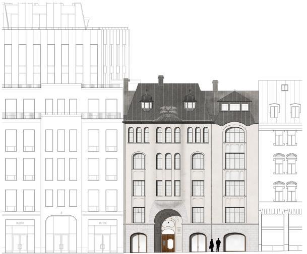 Grev Turegatan 7 Det tidstypiska jugendhusets gatubyggnad bevaras medan del av gårdshuset rivs.
