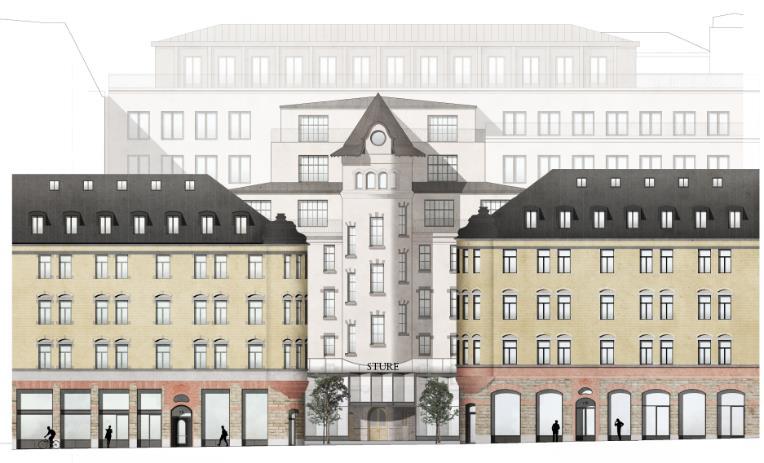 Sida 43 (76) Grev Turegatan 9 och 13 med rekonstruerade fasader mot Grev Turegatan.