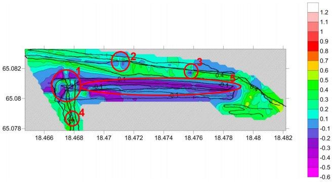 Figure 34 - Average conductivity [ms/m] in the area, presented in coordinate system WGS84. The profiles presented in Figure 10 are the base for this profile (Golder Associates AB, 2014).