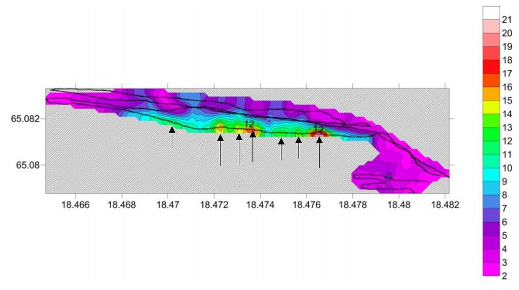 shows that the spreading of groundwater leaching from the lake is more sporadic. This is illustrated in Figure 38. Figure 38 Slingram profile with potential flow paths marked with black arrows.
