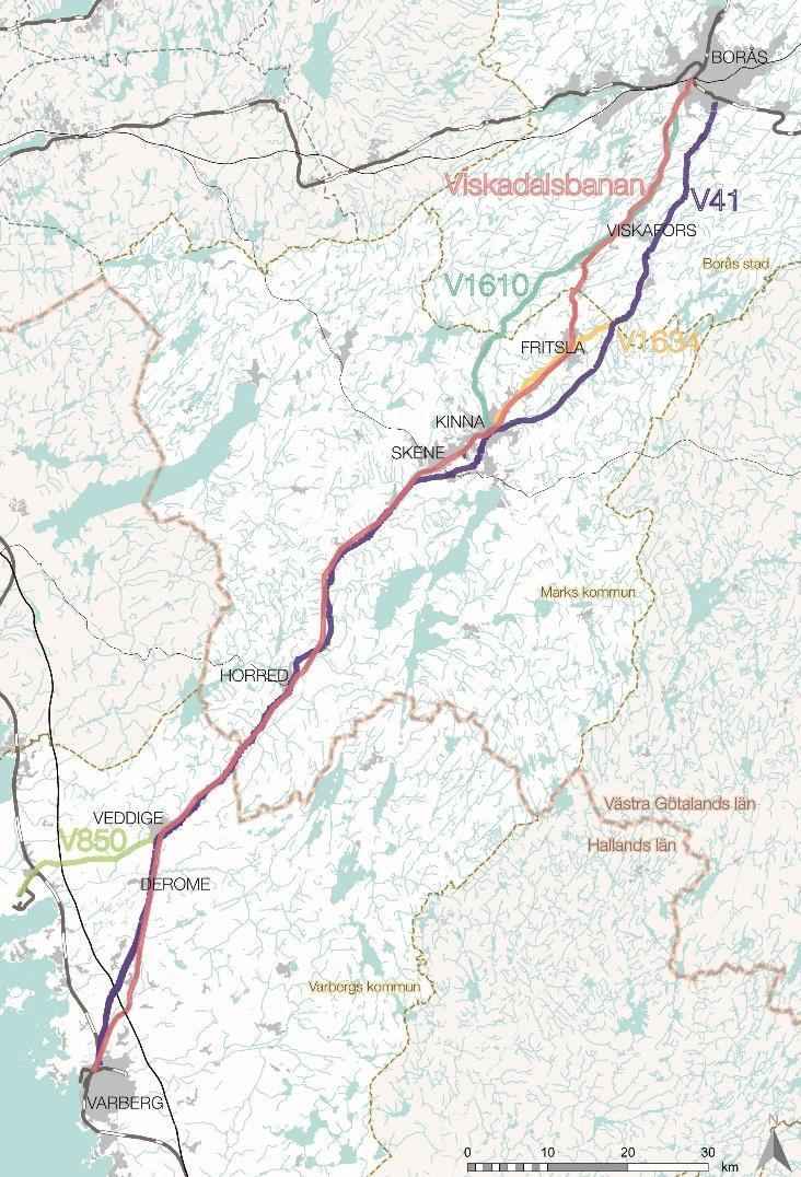 Inledning och bakgrund Viskadalsstråket är beläget i Viskadalen mellan Varberg och Borås och fungerar som en viktig länk mellan Västkuststråket (Västkustbanan och E6) och Boråsregionen.