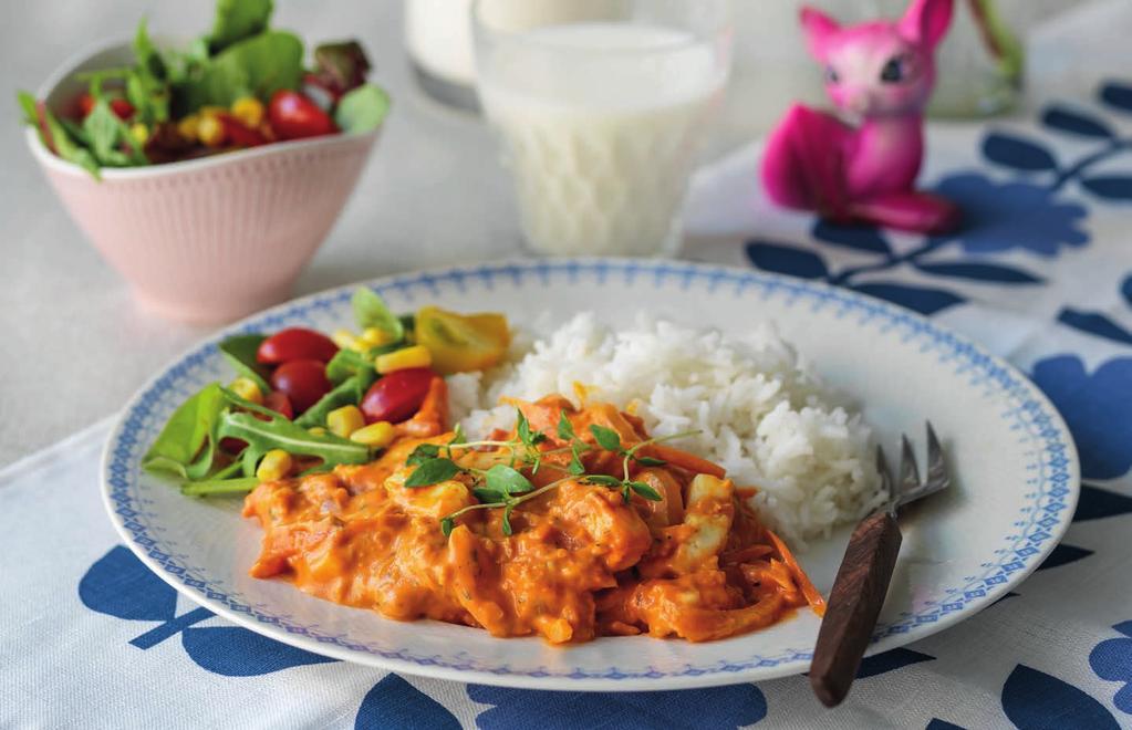 RECEPT 3 20 MIN 560kcal/port. Energi från: Fett 39g Kolhydrater 31g Protein 19g Halloumi Stroganoff God kombo med salt halloumi i den krämiga tomatsåsen.