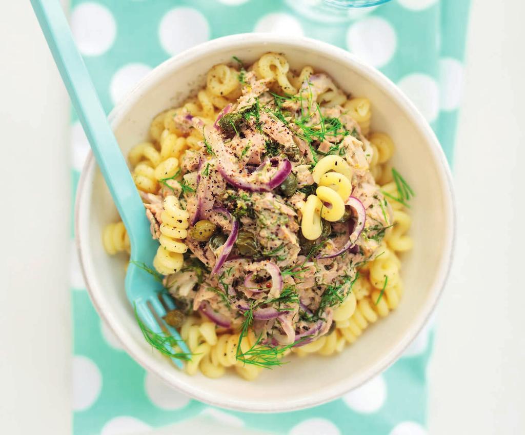 RECEPT 1 15 MIN 959kcal/port. Energi från: Fett 18g Kolhydrater 152g Protein 47g Pastaskruvar med tonfisk Krämig pasta med tonfisk, citron och dill.
