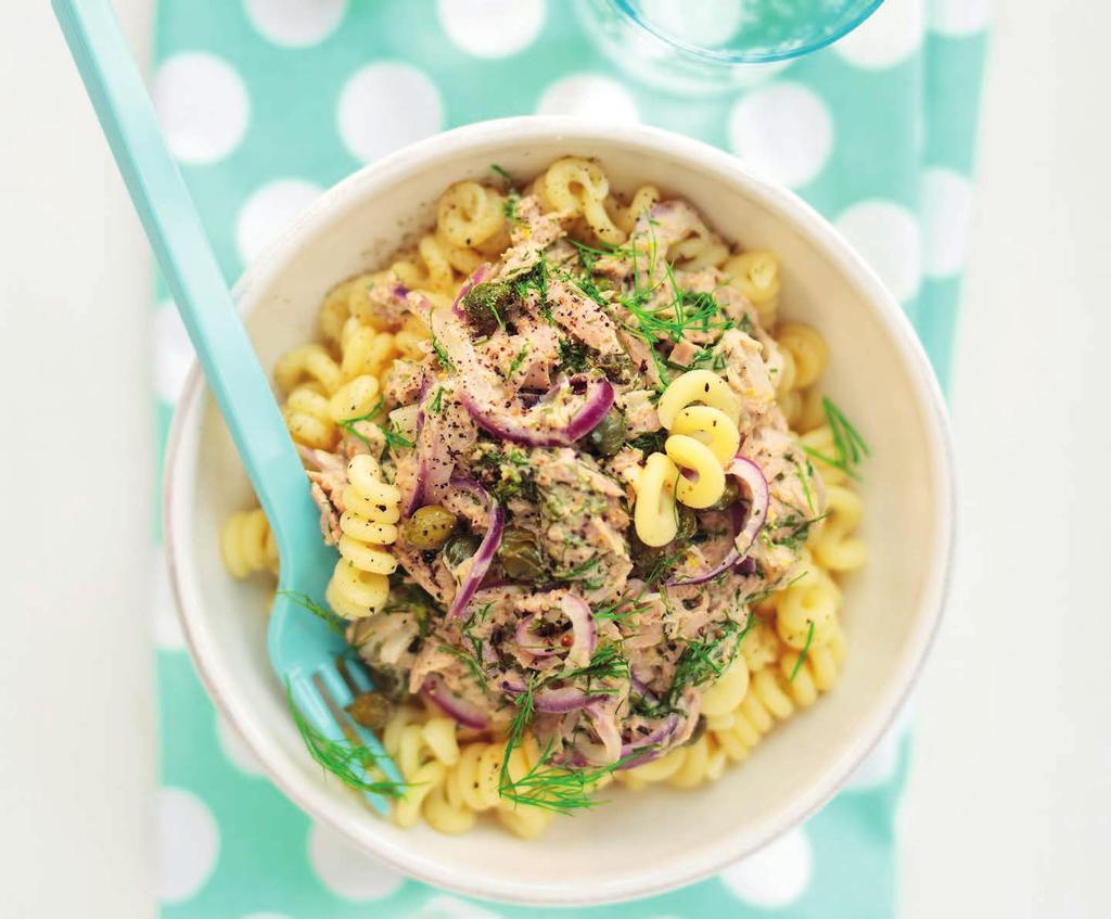 RECEPT 1 15 MIN 959kcal/port. Energi från: Fett 18g Kolhydrater 152g Protein 47g Pastaskruvar med tonfisk Krämig pasta med tonfisk, citron och dill.