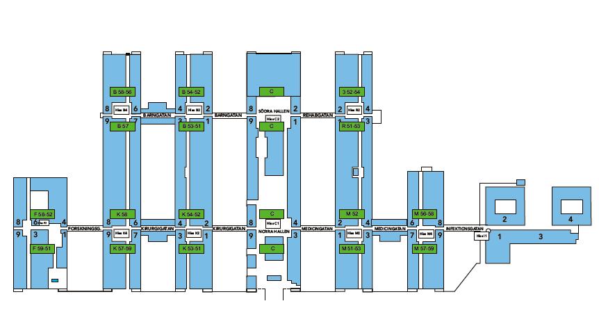 Allokeringsmålbild, ca 2026 våningsplan 5 På plan 5 placeras huvudsakligen vårdmottagningar och kommersiella verksamheter (OP) C2:5 Bild & B58 (Pre-/PostOP) B56 B54 (Pre-/PostOP) B52 (Immunologi och