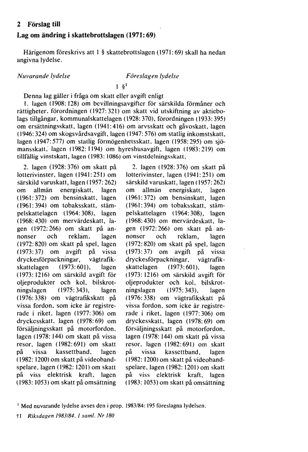 2 Förslag till Lag om ändring i skattebrottslagen (1971: 69) Härigenom föreskrivs att 1 skattebrottslagen (1971: 69) skall ha nedan angivna lydelse.
