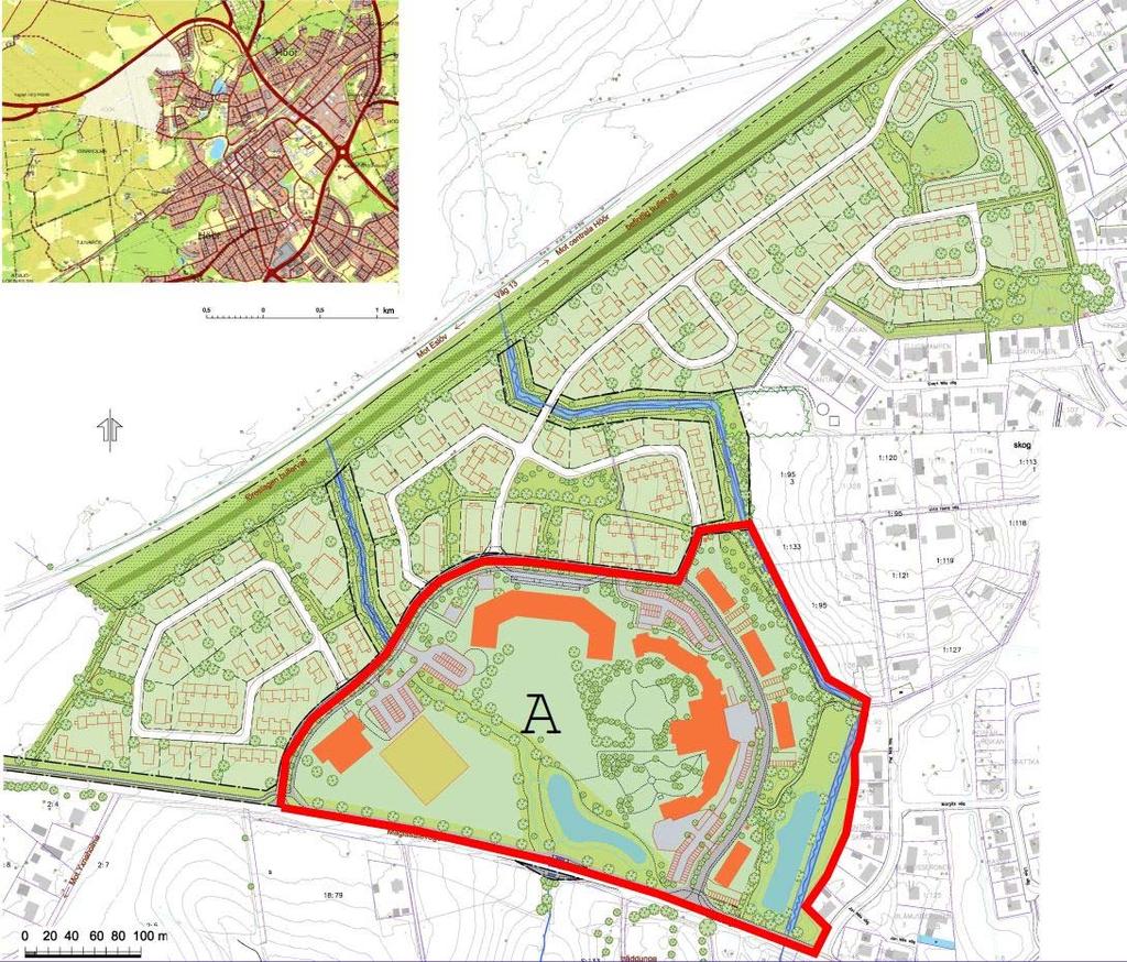6.1 GEOTEKNISKA FÖRHÅLLANDEN Figur 2. Området A (servicefunktionsområdet) samt övrigt område. Karta är från detaljplanen.