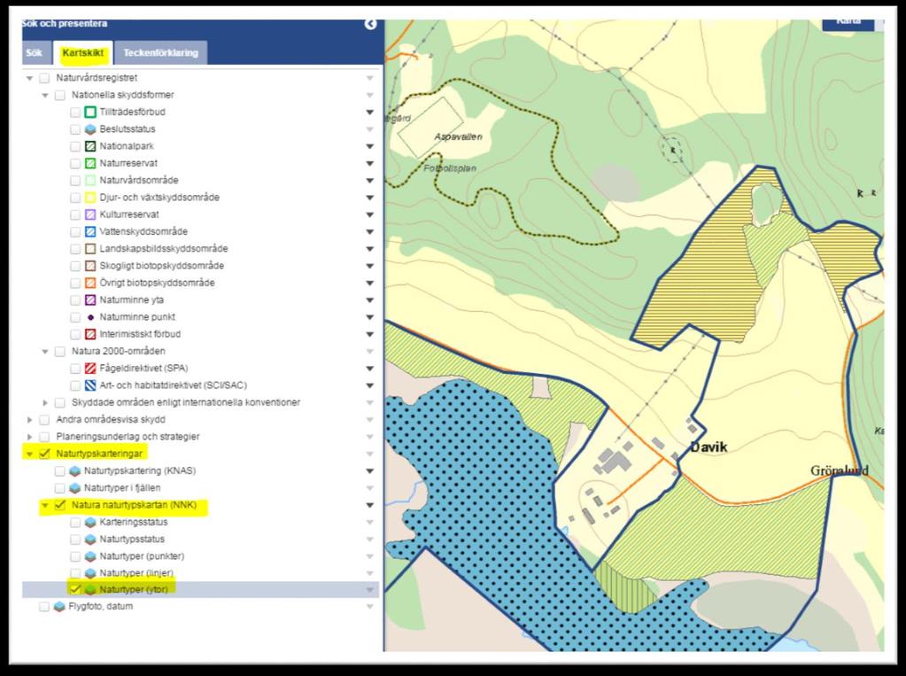 För att se Naturtyper för områdena i kartan gå in på fliken Kartskikt. Avmarkera allt i Naturvårdsregistret.