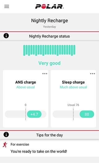 1. Diagram för Nightly Recharge-status 2. Nightly Recharge-status Skala: mycket dålig dålig sådär OK bra mycket bra. 3. Diagram för ANS-status 4. ANS-status Skalan är från -10 till +10.
